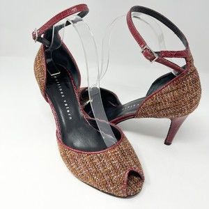 Martinez Valero Peep Toe Heel Dorsay Red Leather Colorful Fabric Shoes 8.5